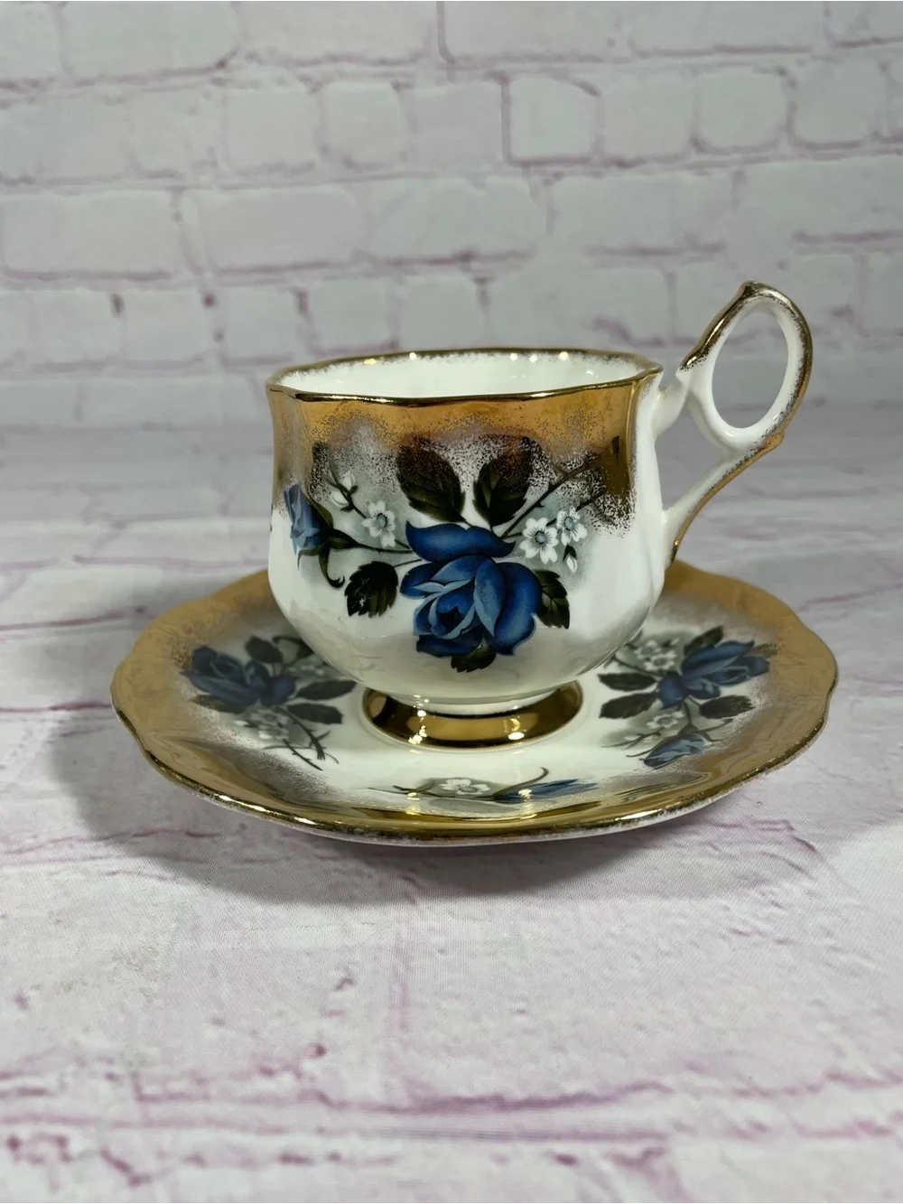 Vintage Taylor & Kent Elizabethan Blue Floral Gold Gilt Teacup and Saucer Set